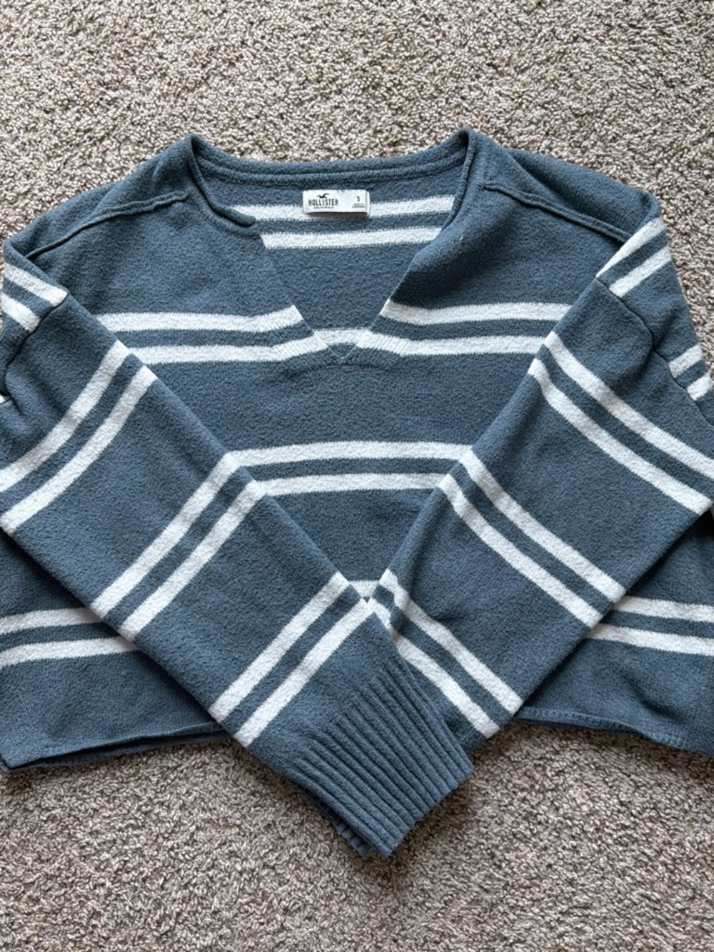 Hollister Blue and White Striped V-Neck Sweater